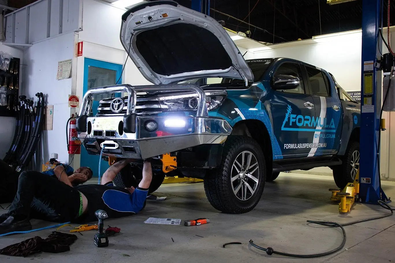 East Coast Bullbar being installed at Fulcrum Suspensions Stafford